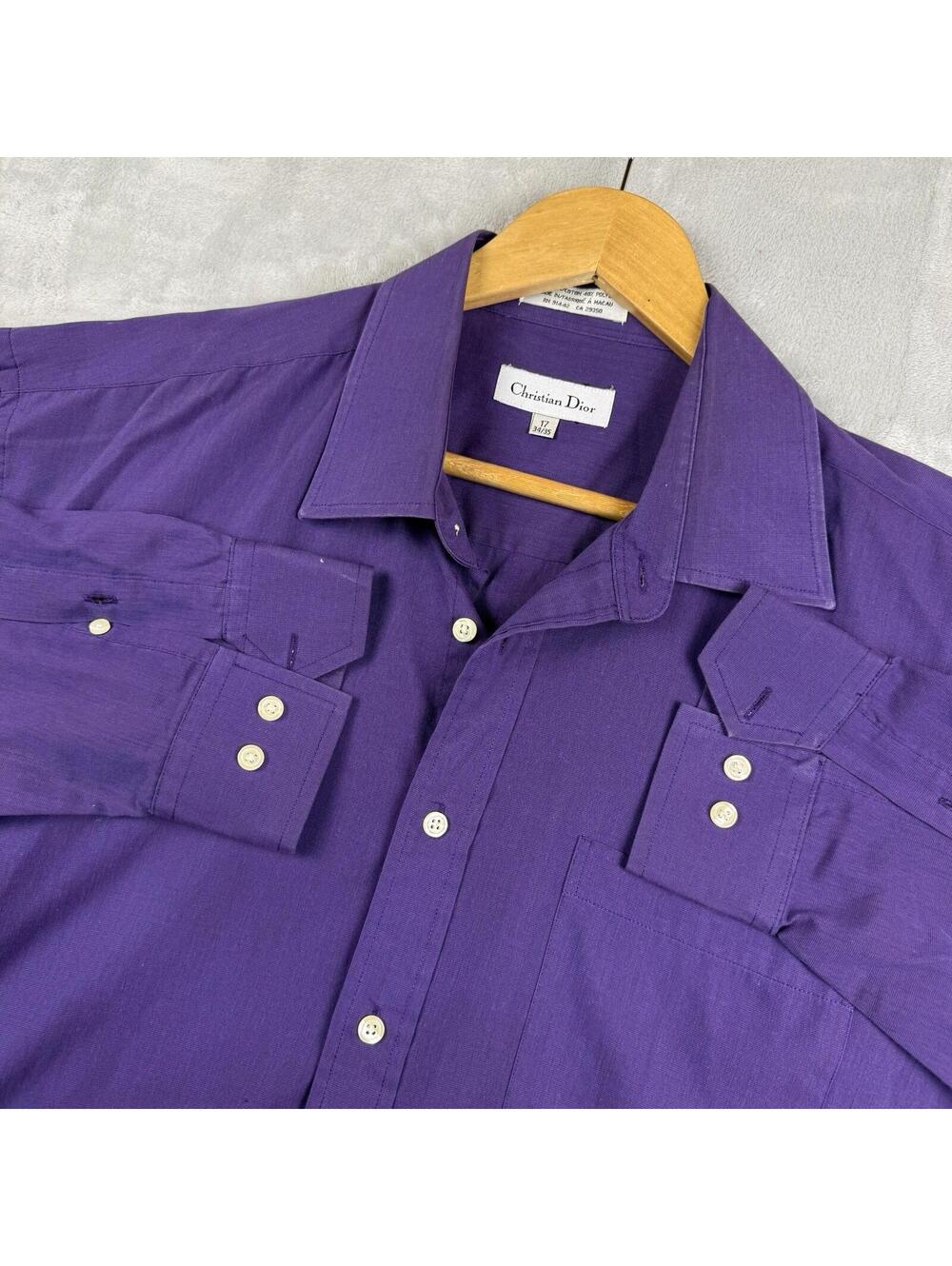 Vintage Christian Dior Dress Shirt Mens 17 34 35 Purple Button Up Preppy Luxury - Picture 1 of 10
